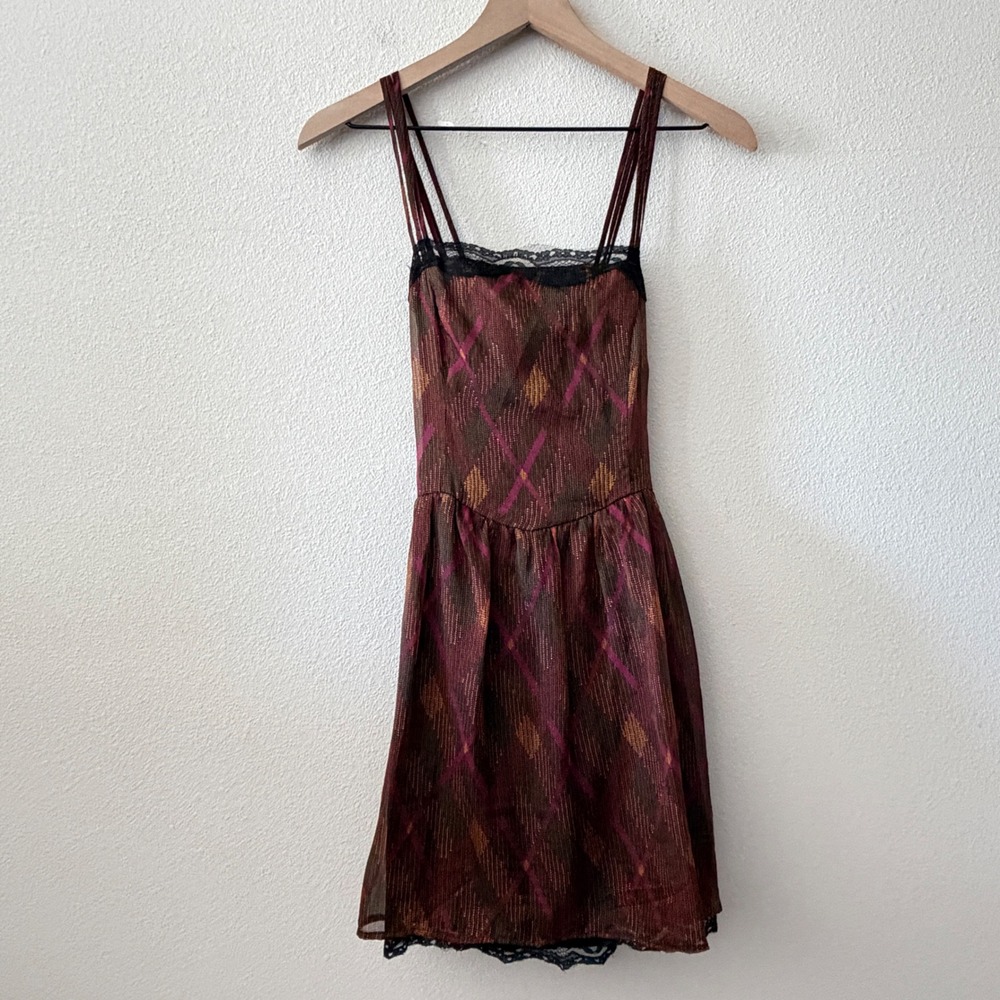 VINTAGE Y2K Silk Mini Dress Babydoll Lace Trim Fairy Grunge Coquette Size XS S